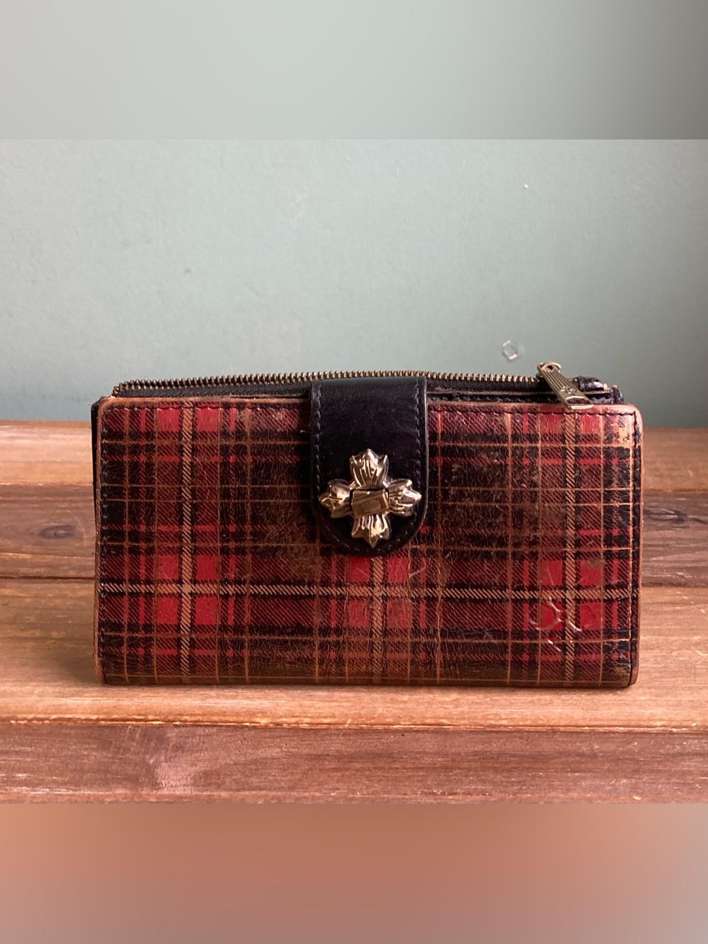 Vintage Patricia Nash Marene Leather Floret Twist Lock Wallet Tartan Plaid